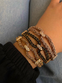 Gold Double Braided and Black Silk Bracelet with Triple CZ Buckle