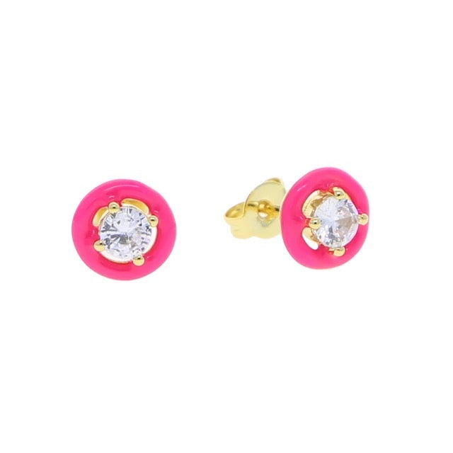 Pink Enamel Crystal Gold Plated Stud
