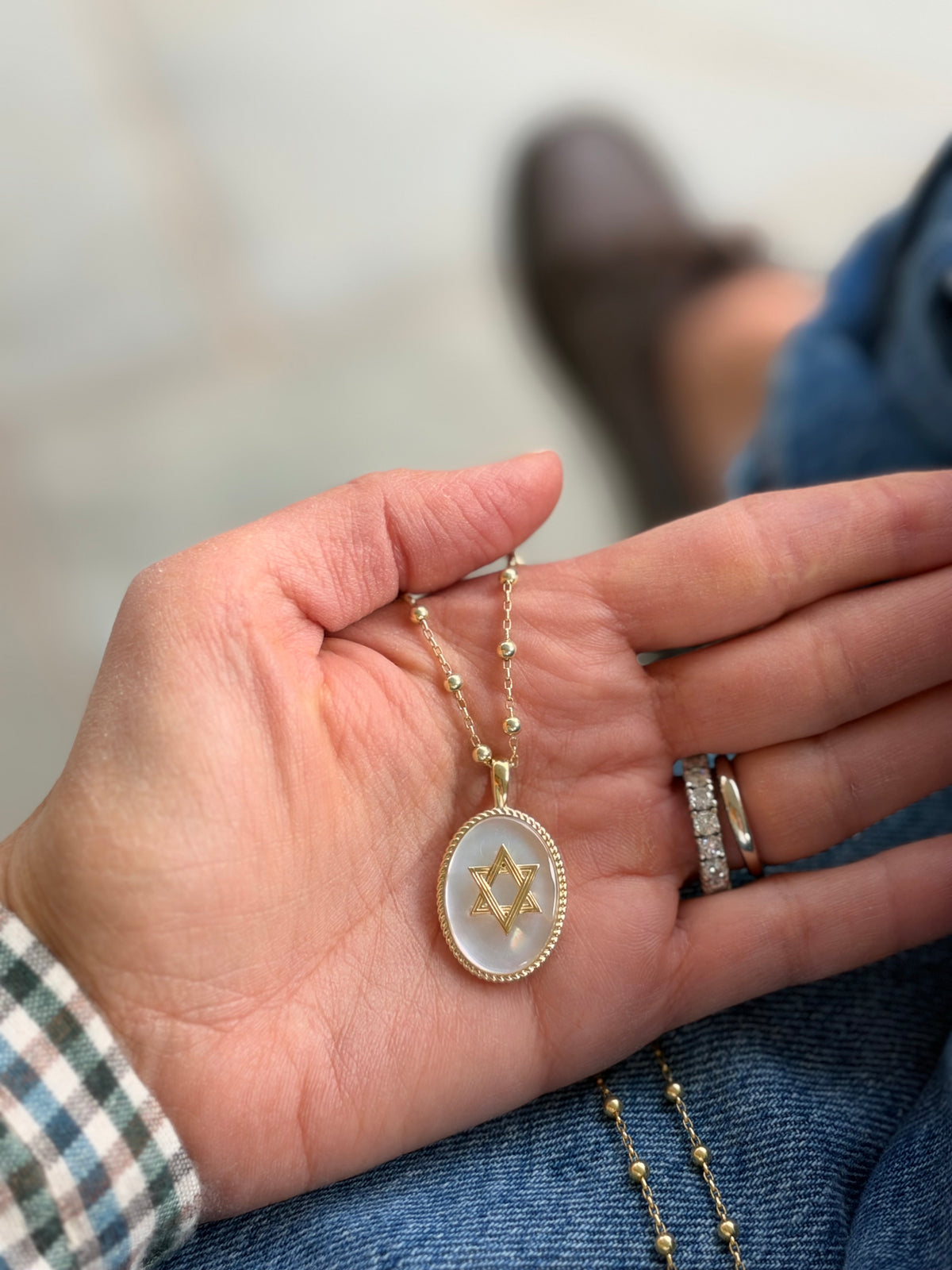 Deco Star of David on a Satellite Chain in Mother of Pearl