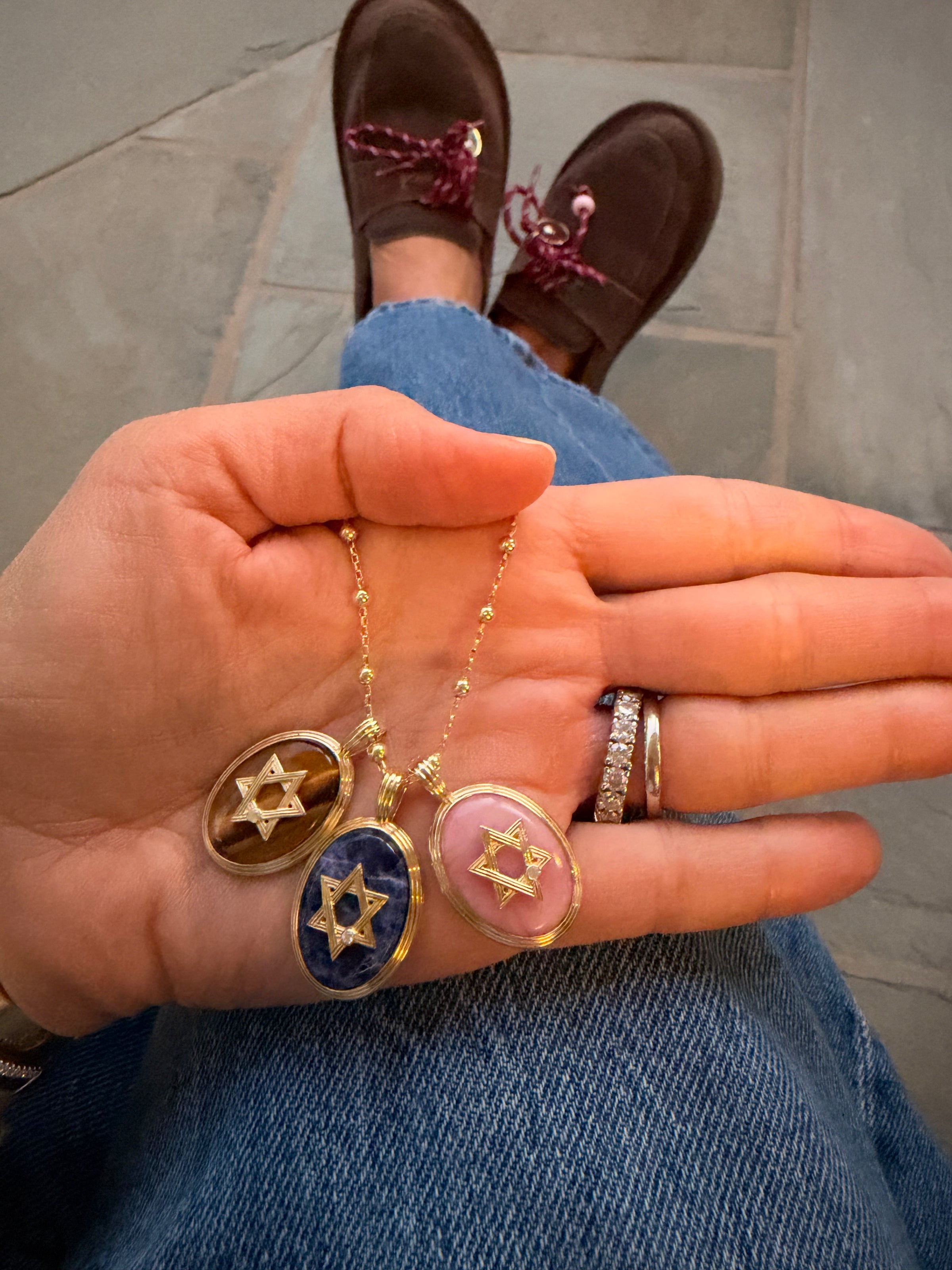 Retro Star of David on a Satellite Chain in Pink Opal