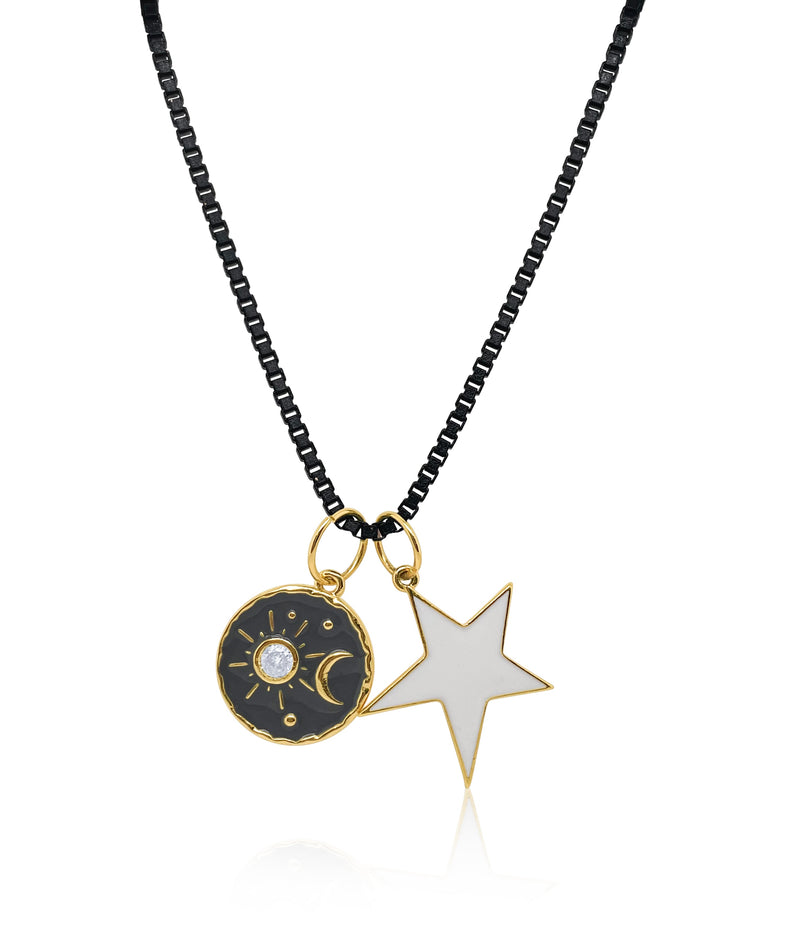 Black Box Chain with 18K Gold Fill Star and Medallion Charms