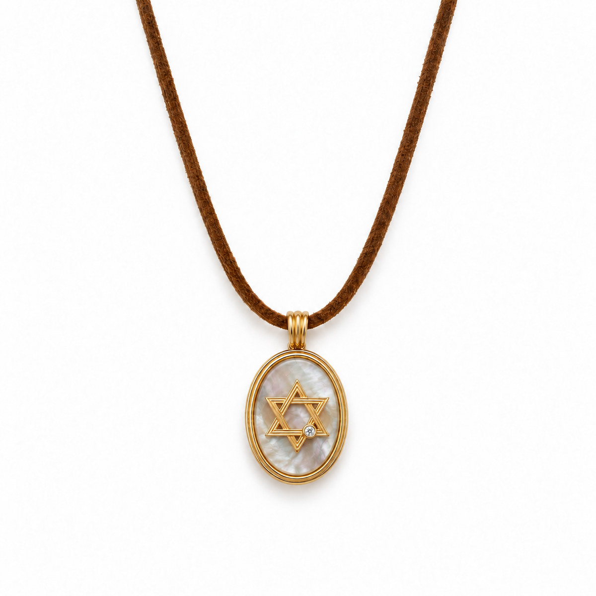 Retro Star of David on a Brown Suede Cord in Mother of Pearl