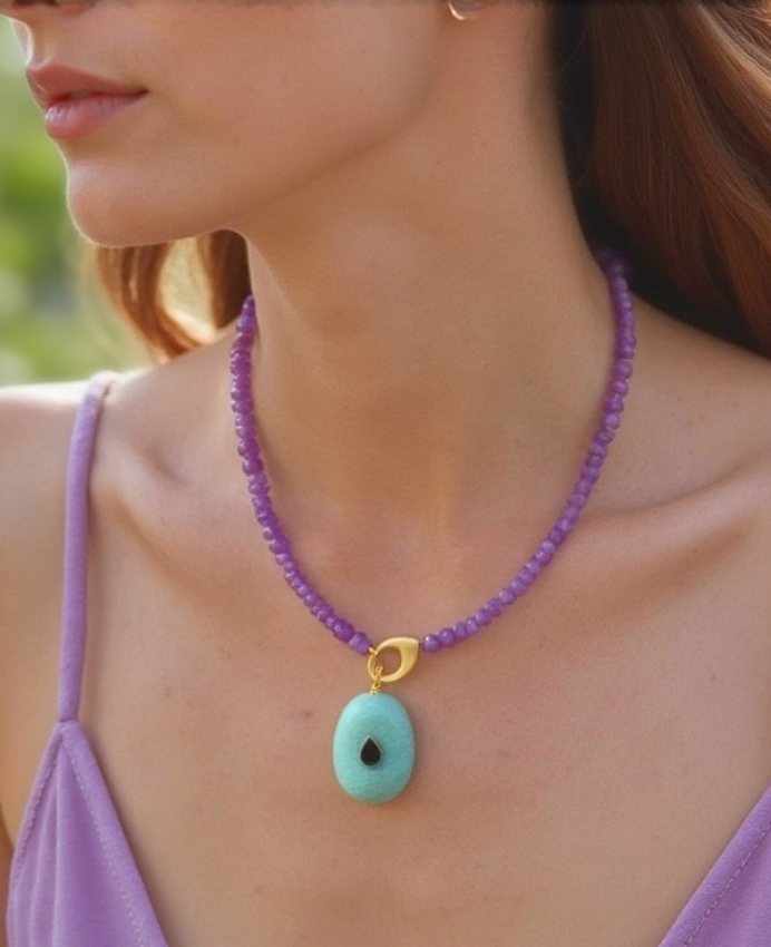 Raspberry Pink Sapphire Bead with Amazonite Necklace