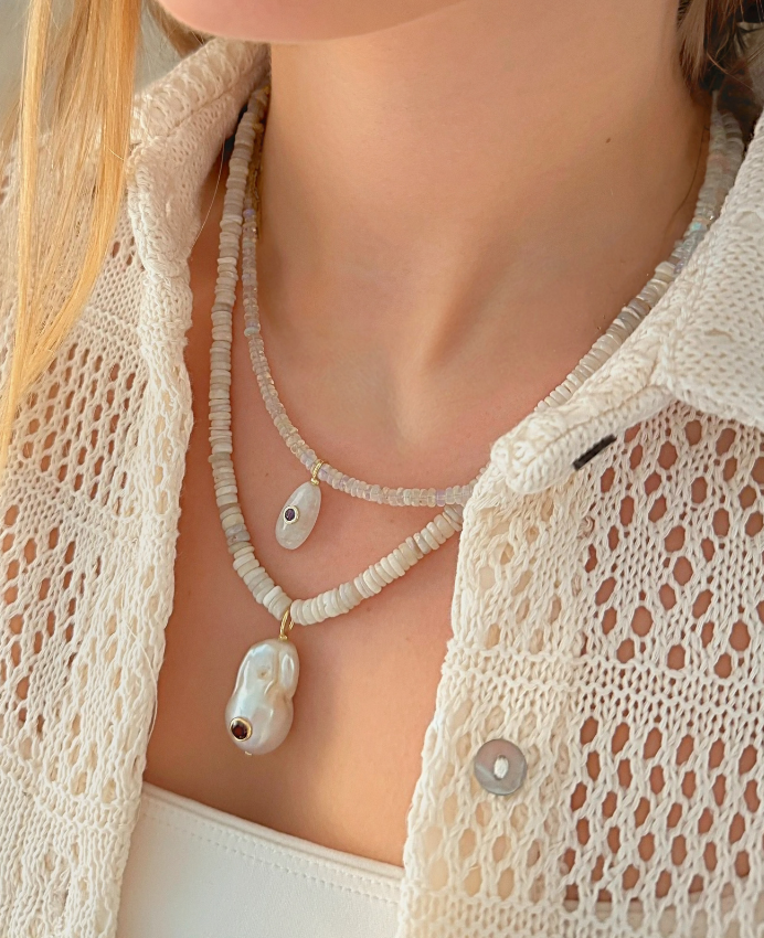 Iced Glow White Opal Bead with White Moonstone