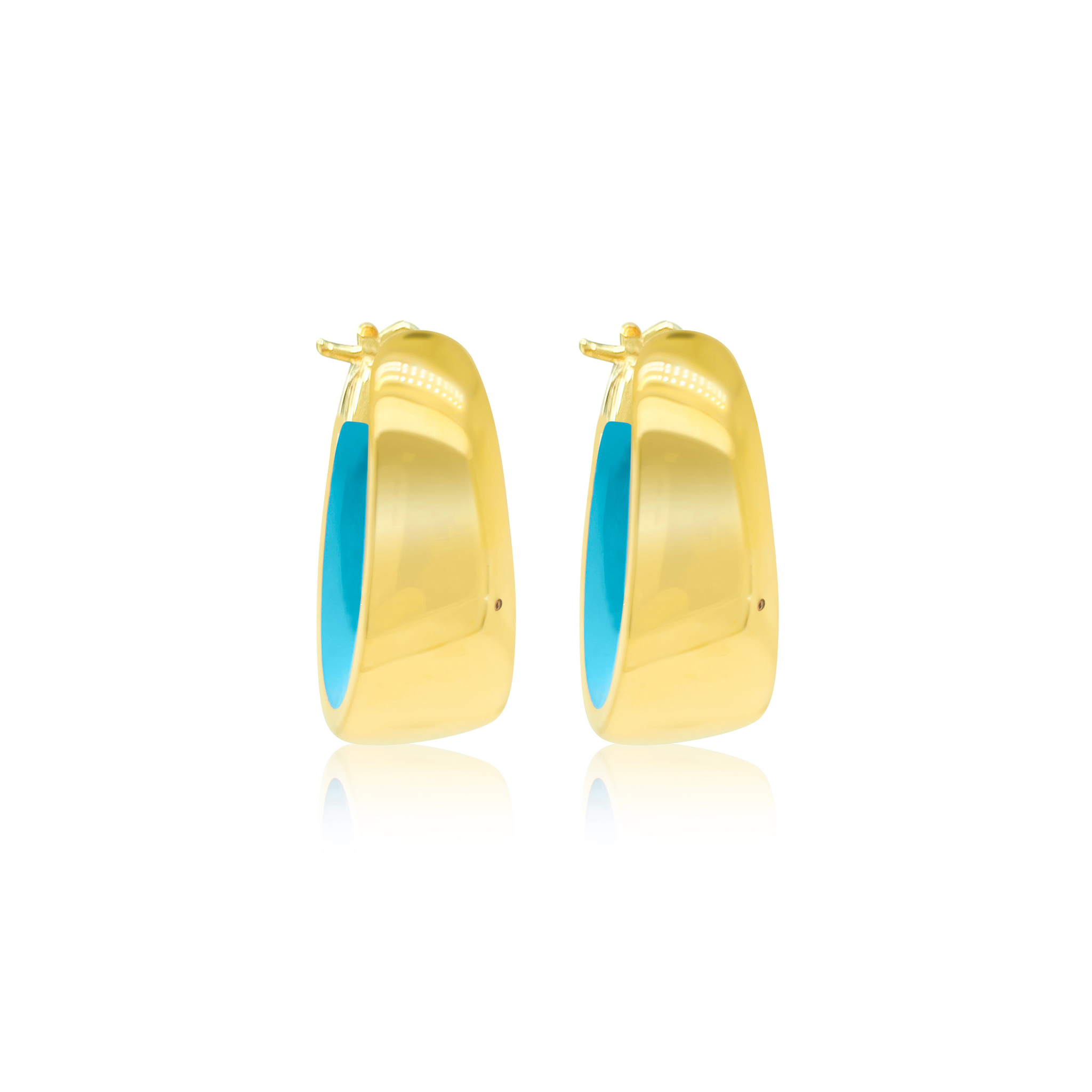 Medium Size Gold Plated Turquoise Enamel Hoop Earrings
