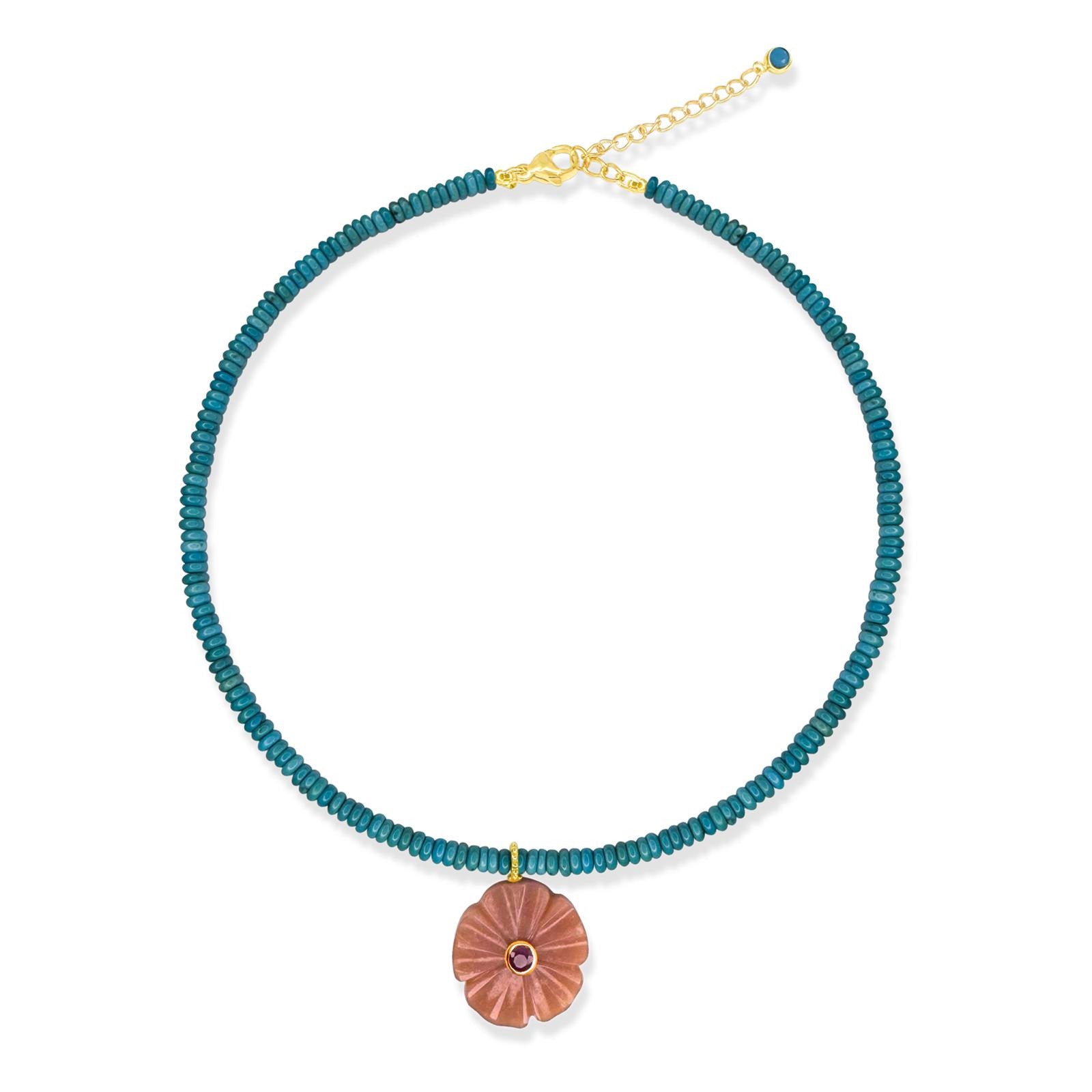 Turquoise Beaded Necklace with Statement Flower Pendant