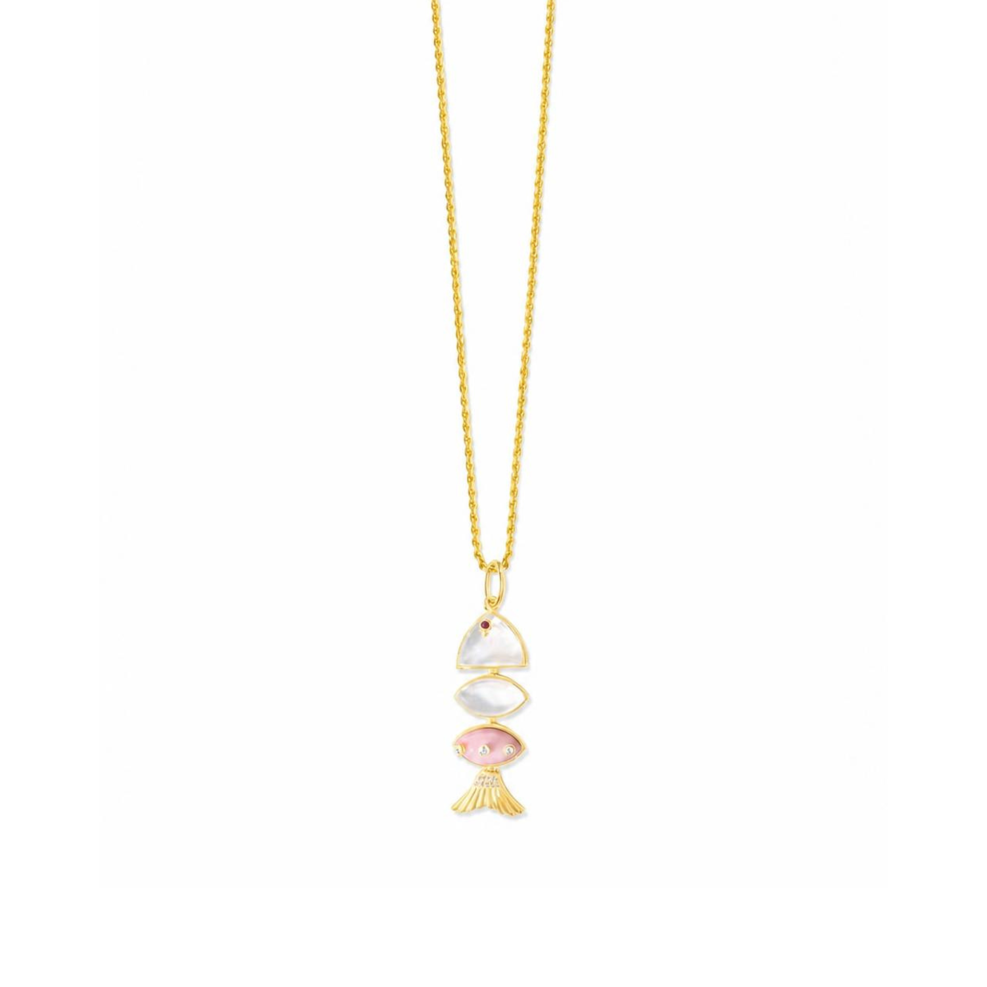 Small Prosperity Fish Rope Chain Necklace in Pink Opal and Mother of Pearl