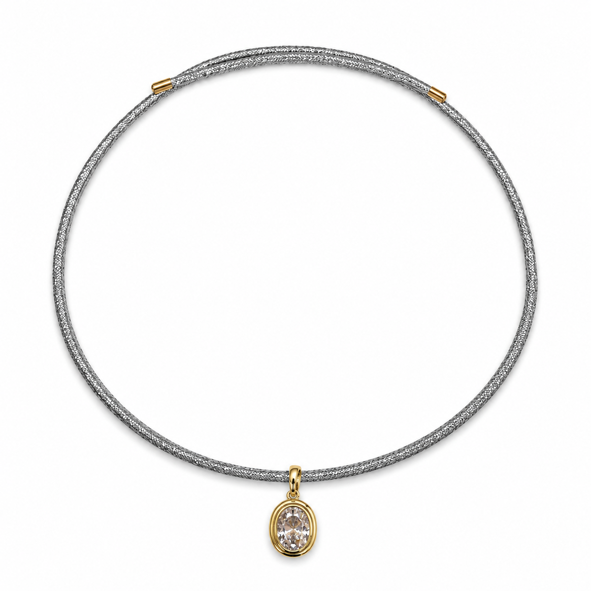 Oval CZ Charm Necklace on Silver Tone Magnetic Rope Cord
