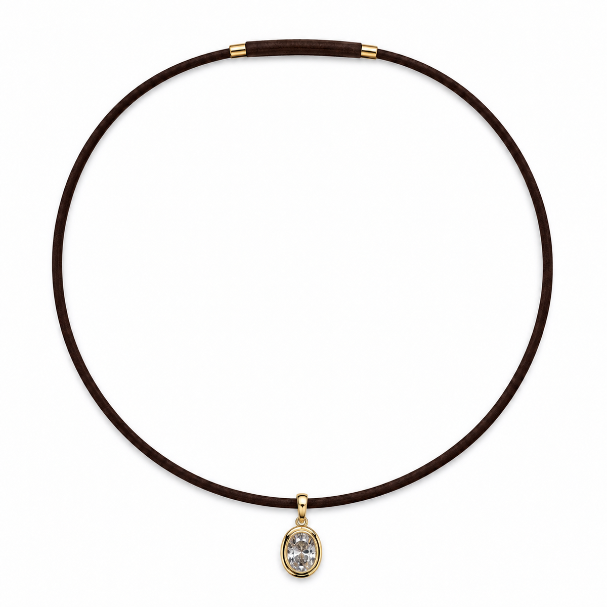 Oval CZ Charm Necklace on Brown Magnetic Rope Cord