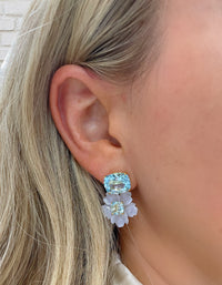 Cushion-Cut Blue Topaz with Carved Serpentine Flower Drop Earrings