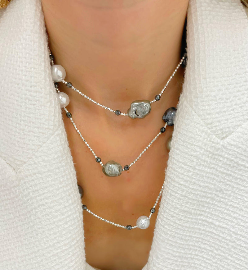 Organic Pearl and Silver Hematite Bead Long Wrap Necklace